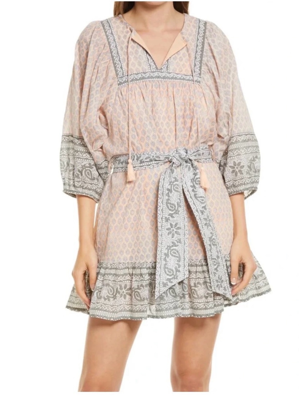 Cleobella Light Beige Patterned Boho Mini Dress with Tassel Tie